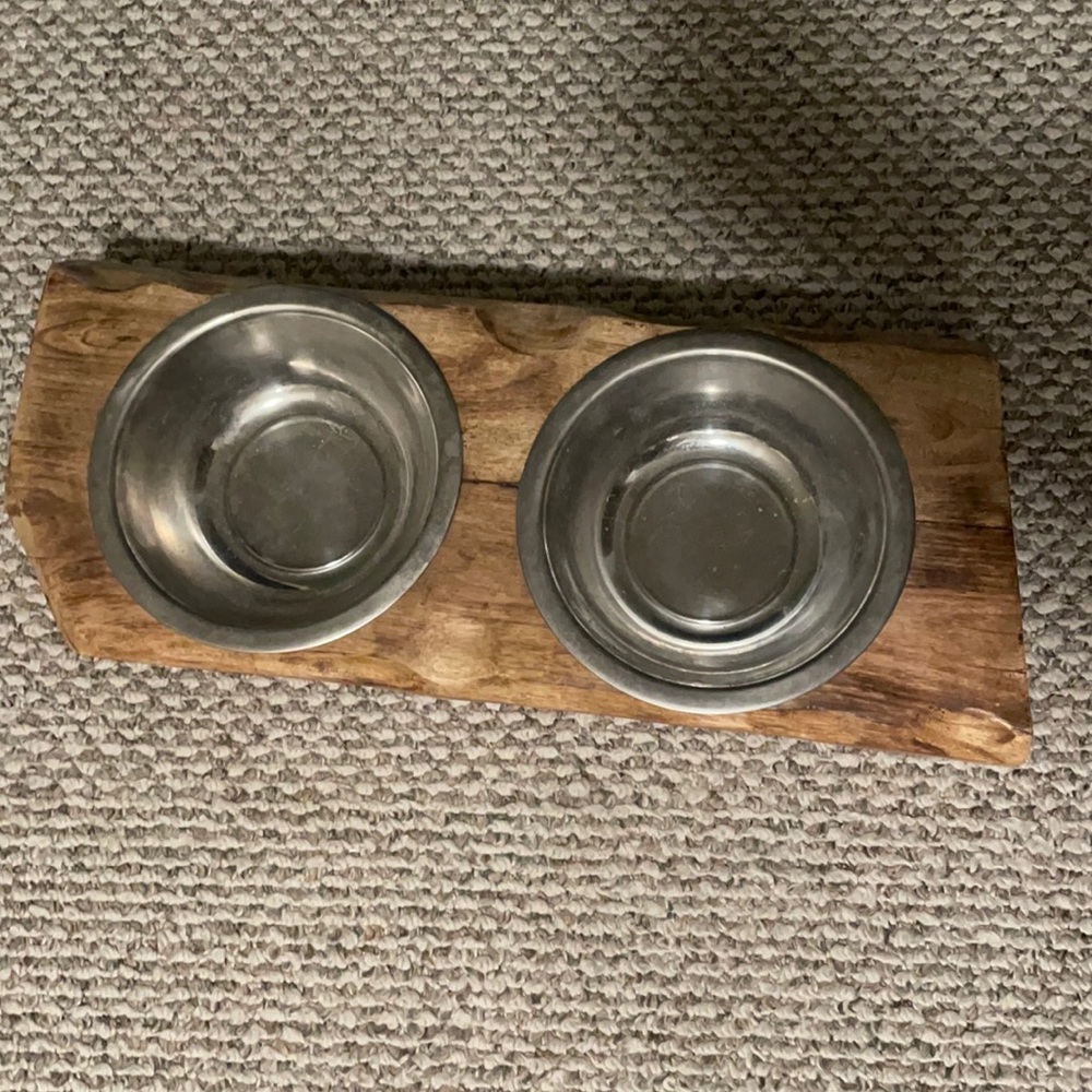 Wooden dog bowl stand with dog bowls